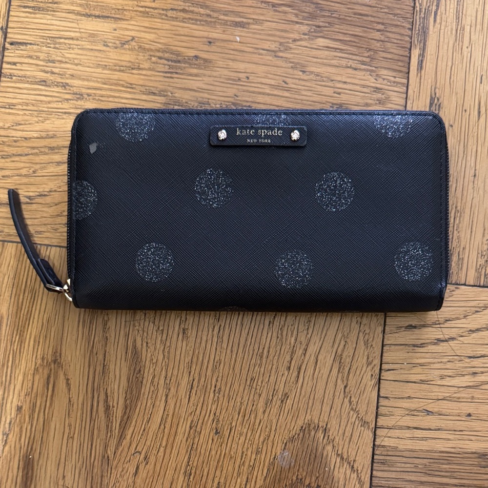 Kate Spade Haven Lane Black Glitter Leather Polka Dot Wallet